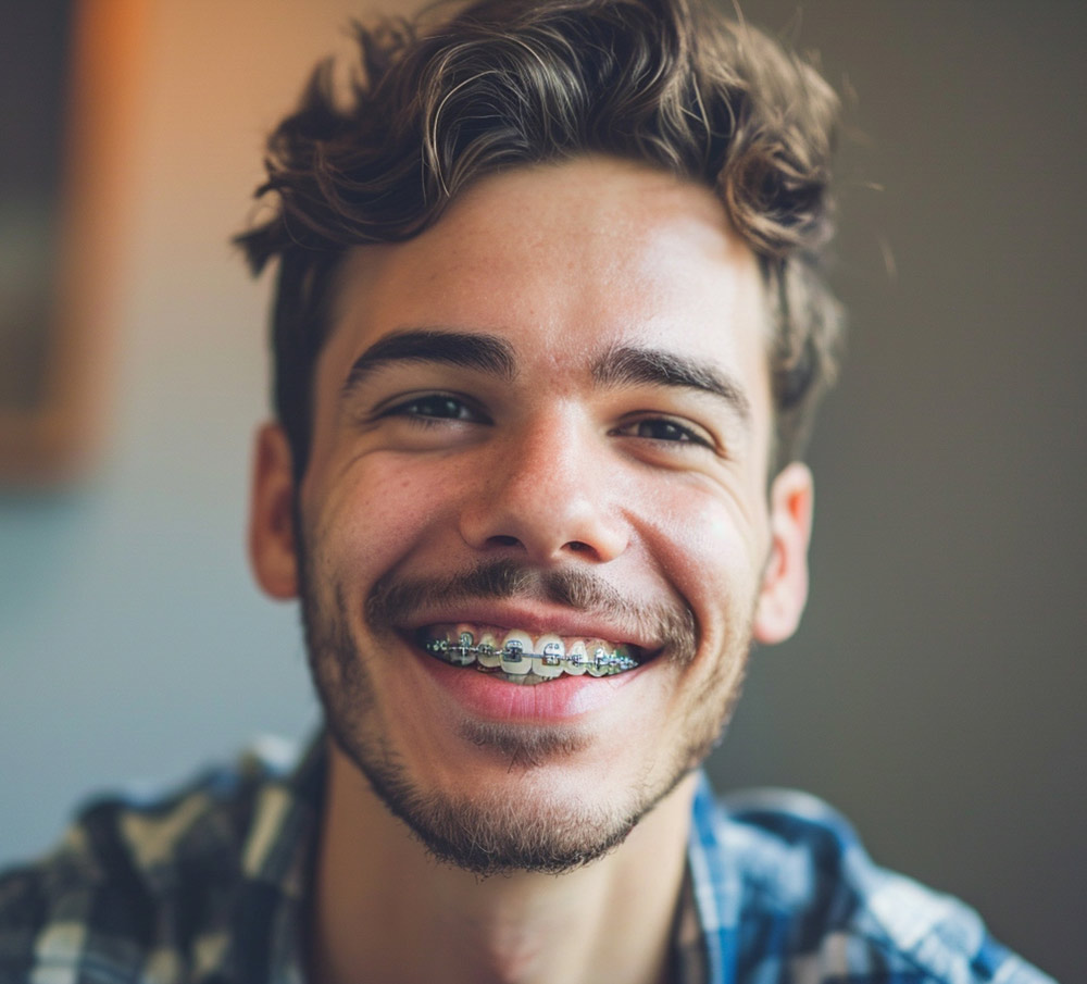 Chico joven sonriendo con brackets metálicos